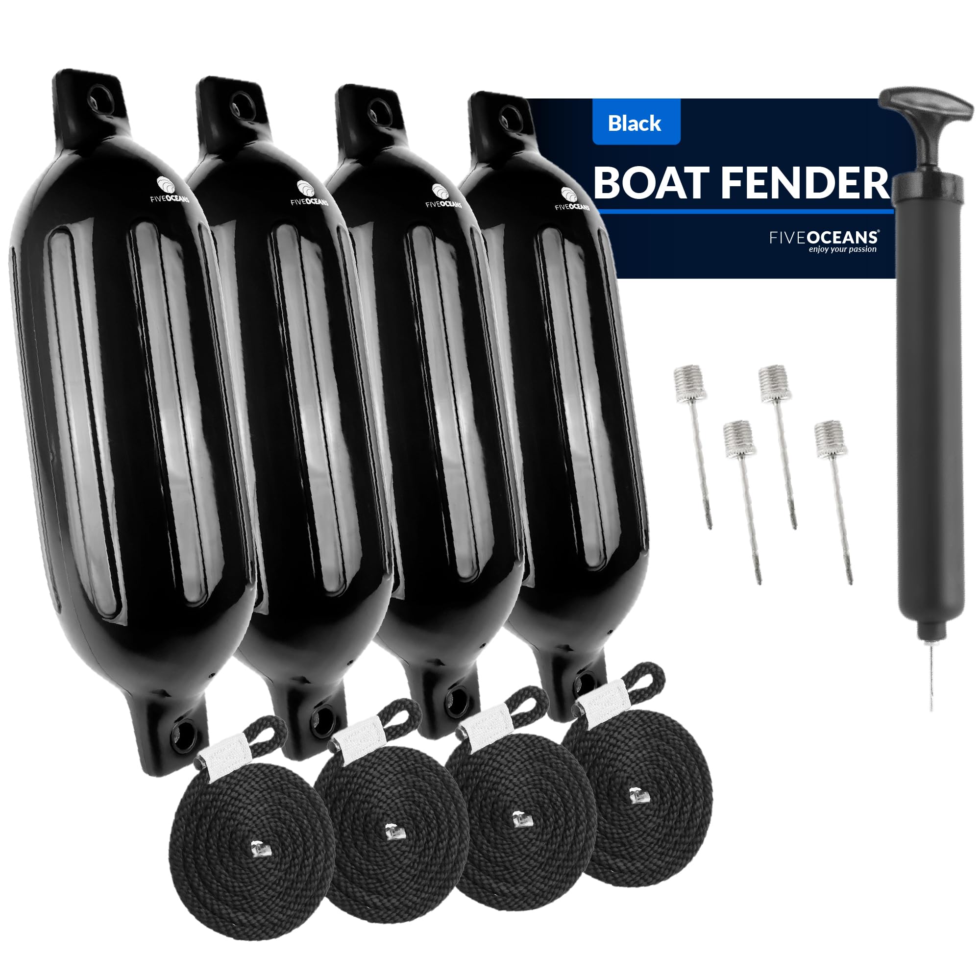 Five Oceans 4-Pack Boat Fenders - 4.5 x 16-Inch, Black - Boat Bumpers for Docking - 4 Ropes Lines 3/8-Inch x 5-Ft - Inflator Pump and 4 Needles for Pontoon Fishing Bass Sport Boats Sailboats - FO4537