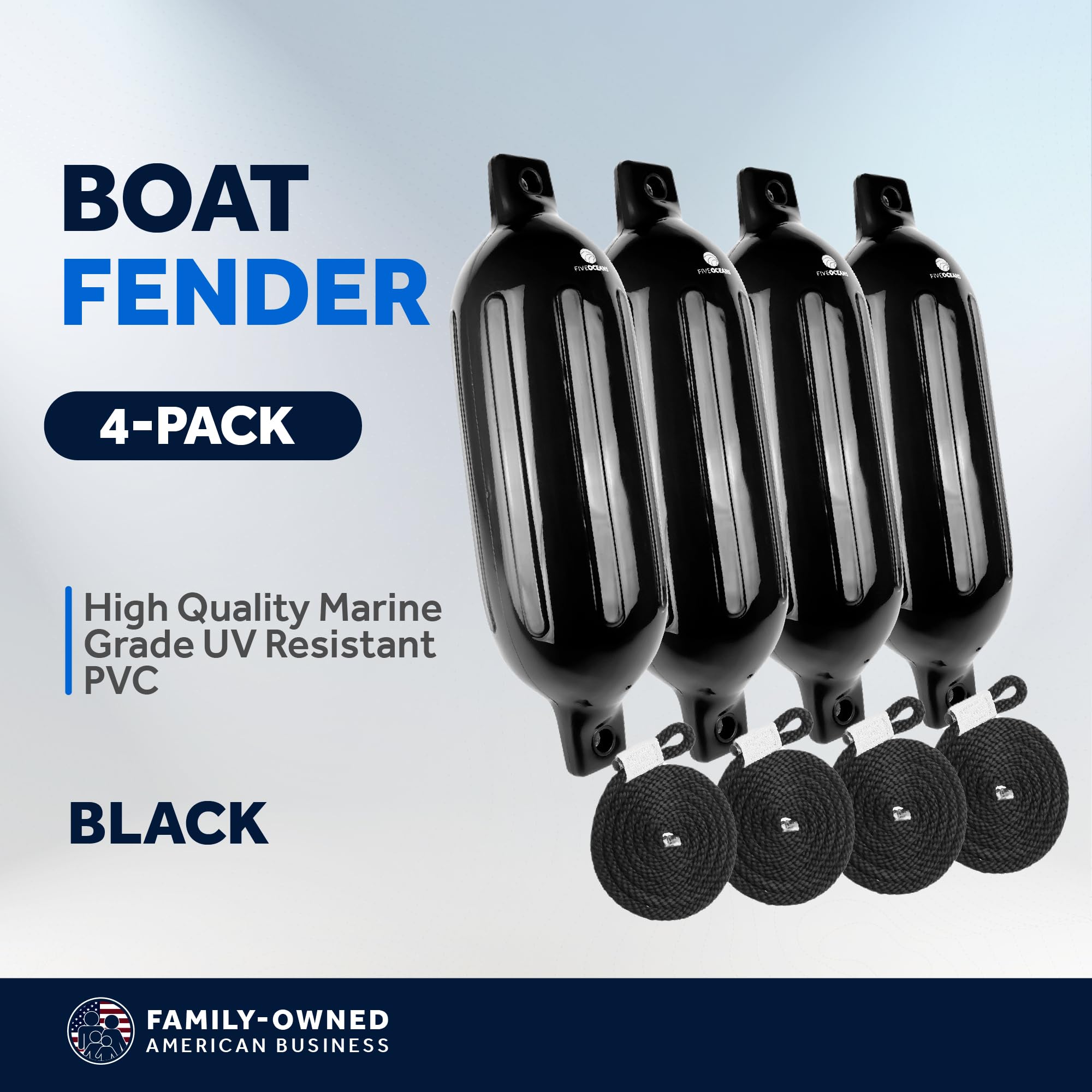 Five Oceans 4-Pack Boat Fenders - 4.5 x 16-Inch, Black - Boat Bumpers for Docking - 4 Ropes Lines 3/8-Inch x 5-Ft - Inflator Pump and 4 Needles for Pontoon Fishing Bass Sport Boats Sailboats - FO4537