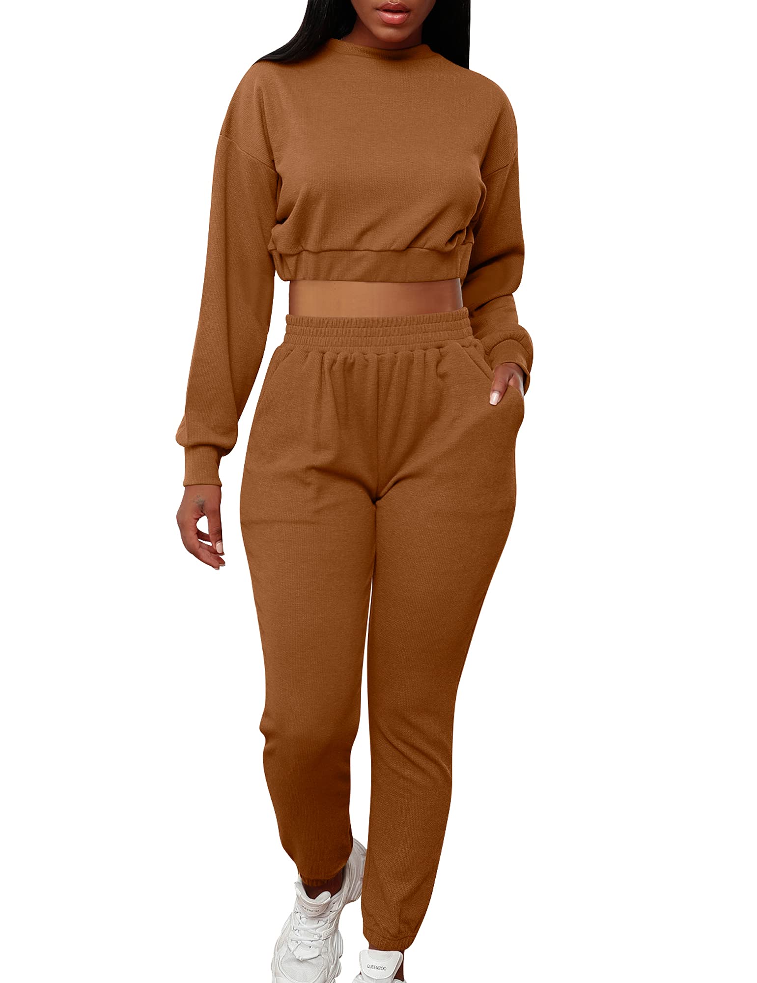 Mizoci Women's 2 Piece Outfits Lounge Jogger sets Long Sleeve Crop Top Pant Sweat Suit Tracksuit,Medium,Coffee