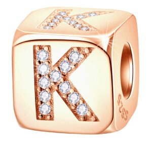 Letter K Charm, Rose Gold Dice Beads with CZ, fit Pandora Bracelet, 925 Sterling Silver Initial A to Z Alphabet K Cube Charms, Gifts for BFF/Christmas/Mothers Day