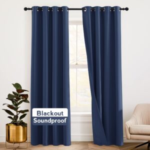 RYB HOME Soundproof Blackout Energy Effeciency 3-in-1 Curtain Set with Notoxic Detachable Liner for Home Office Theater Privacy Seperating Drapes, Navy Blue, W 52 x L 95 inches, 2 Pcs