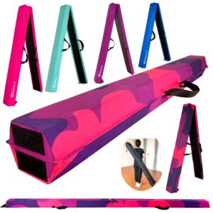 marfula 6 ft / 8 ft / 9 ft folding gymnastics beam foam balance floor beam - extra firm - suede cover - anti slip bottom with carry bag for kids/adults home use (pink purple-camo, 6 ft)