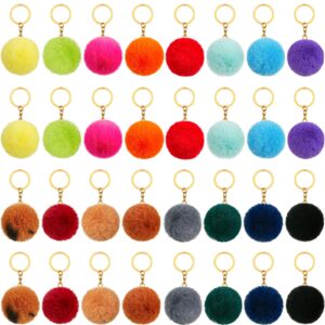 hicarer 32 pieces pom poms keychains fluffy ball faux rabbit fur pompoms keyring for girls women diy hats shoes bags accessories