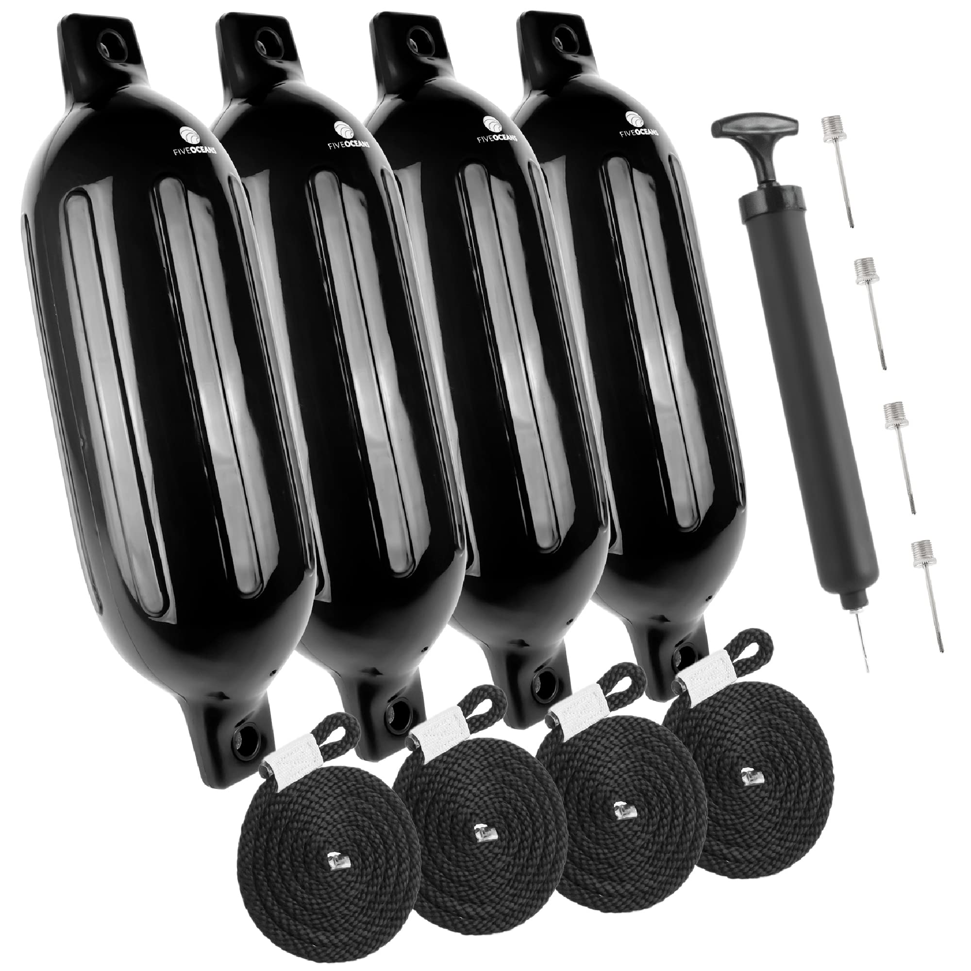 Five Oceans 4-Pack Boat Fenders - 4.5 x 16-Inch, Black - Boat Bumpers for Docking - 4 Ropes Lines 3/8-Inch x 5-Ft - Inflator Pump and 4 Needles for Pontoon Fishing Bass Sport Boats Sailboats - FO4537