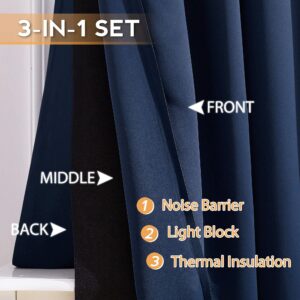 RYB HOME Soundproof Blackout Energy Effeciency 3-in-1 Curtain Set with Notoxic Detachable Liner for Home Office Theater Privacy Seperating Drapes, Navy Blue, W 52 x L 95 inches, 2 Pcs