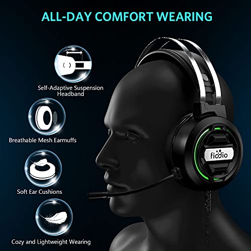 FIODIO Gaming Headset with Surround Sound Stereo for Xbox One PC Switch Tablet, Noise Cancelling Over Ear Headphones with Mic LED Light