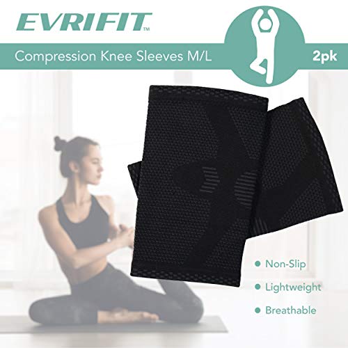 EvriFit Compression High Performance Knee Sleeves, Support for Men & Women, Running, Basketball, Volleyball, Weightlifting & Cross Training, Medium – Large (1 Pair) Black