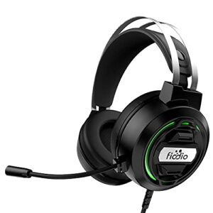 fiodio gaming headset with surround sound stereo for xbox one pc switch tablet, noise cancelling over ear headphones with mic led light