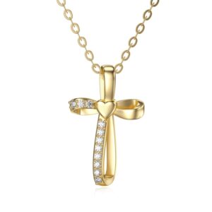 rikelus 14k real gold cross necklace for women girls,yellow gold cross pendant necklace faith jewelry gifts for birthday christmas 16+2 inch