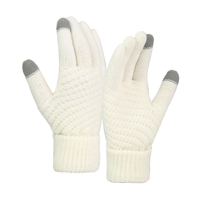 Eseres Beige Gloves for Women Warm Gloves Unisex Knitted Warm Gloves for Women Touch Screen Fleece Lined Stretchy Mittens Women - Beige