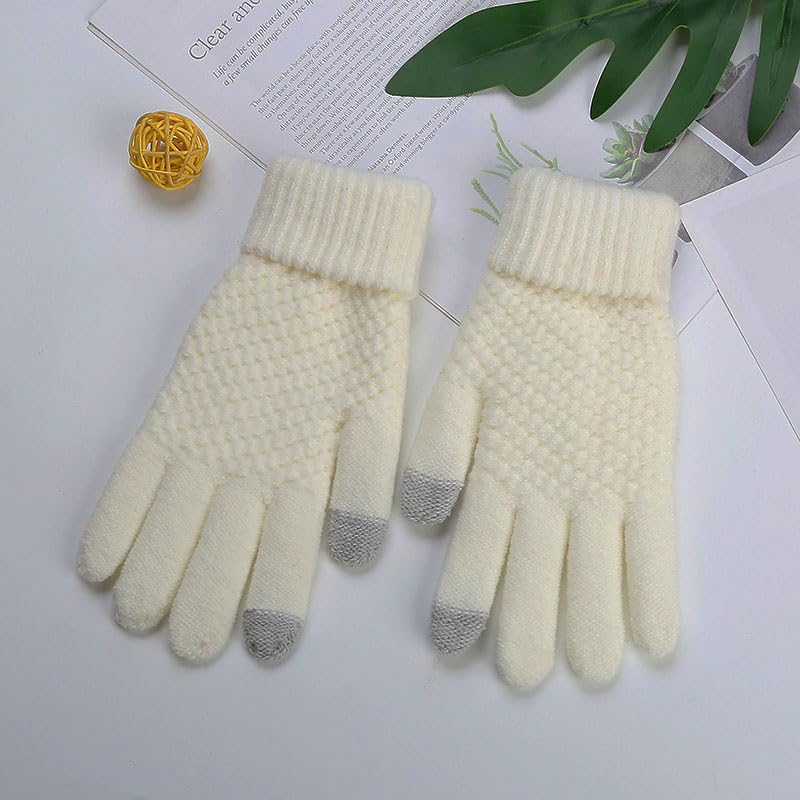 Eseres Beige Gloves for Women Warm Gloves Unisex Knitted Warm Gloves for Women Touch Screen Fleece Lined Stretchy Mittens Women - Beige