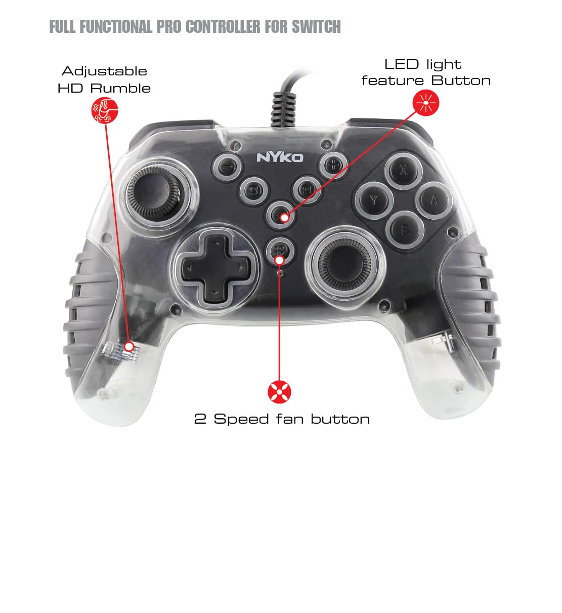 Nyko Air Glow - LED Fan-Cooled Wired Controller for Switch - LED Light Show and Hand Cooling Fan - Wired 10Ft Cable - Nintendo Switch