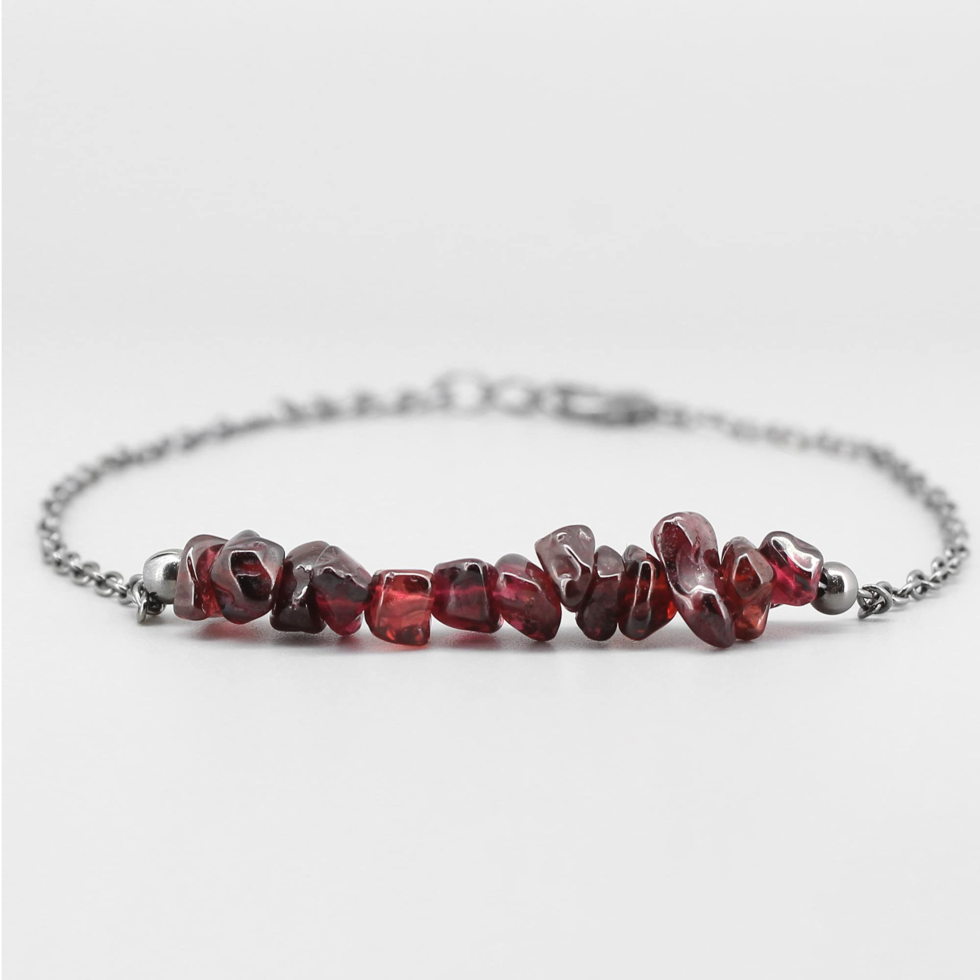 Gempires Natural Red Garnet Chips Bar Bracelet, January Birthstone, Energy Healing Crystals, Gift for Her, Gemstone Jewelry 8 inch Chain (Red Garnet)