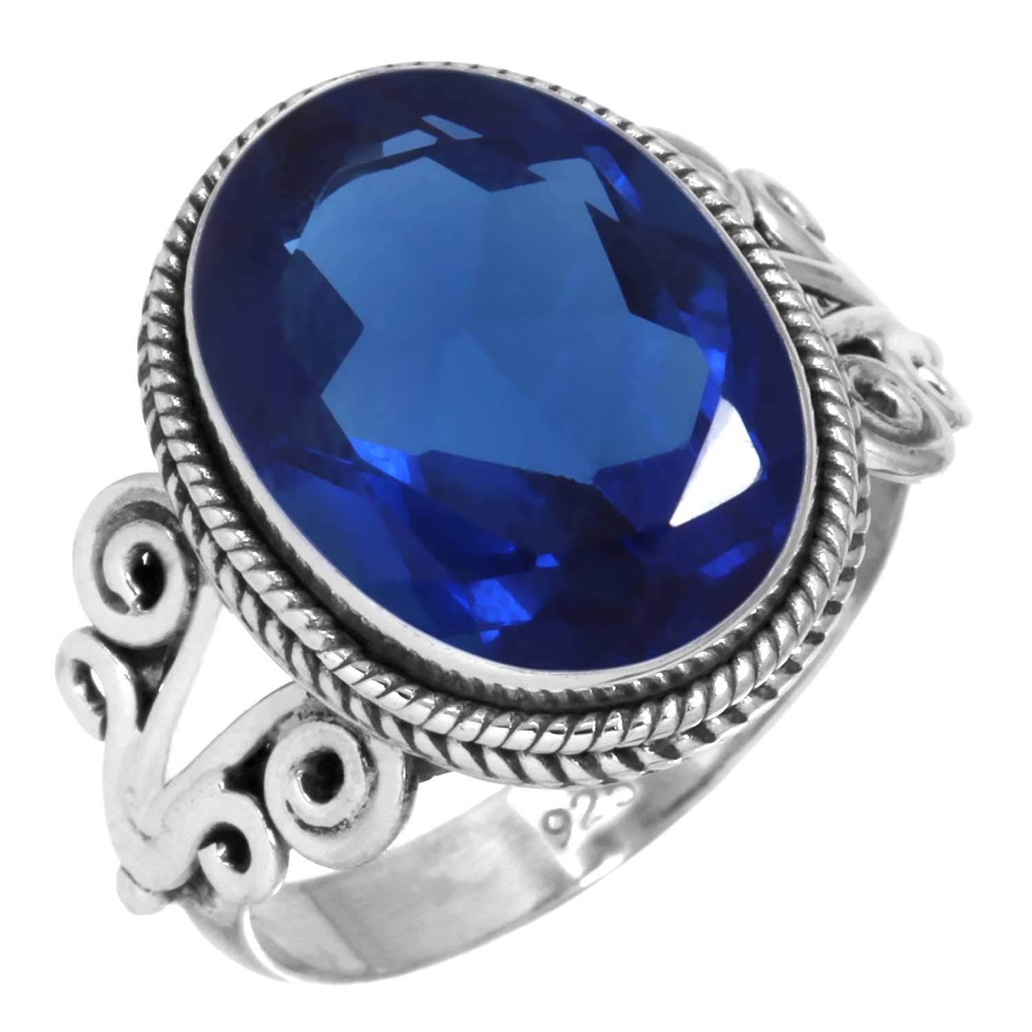 JEWELOPORIUM Blue Sapphire Simulated 925 Sterling Silver Ring for Women Gemstone Handmade Silver Ring Size 7 Valentine's Day Gift Cocktail Jewelry