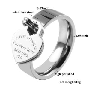 JINHUI Rings with Charms for Girlfriend, 6mm Heart Dangle Ring Graducation Gift 18k Gold Plated Ring Engraved Promise Ring Jewelry (Silver, 7)