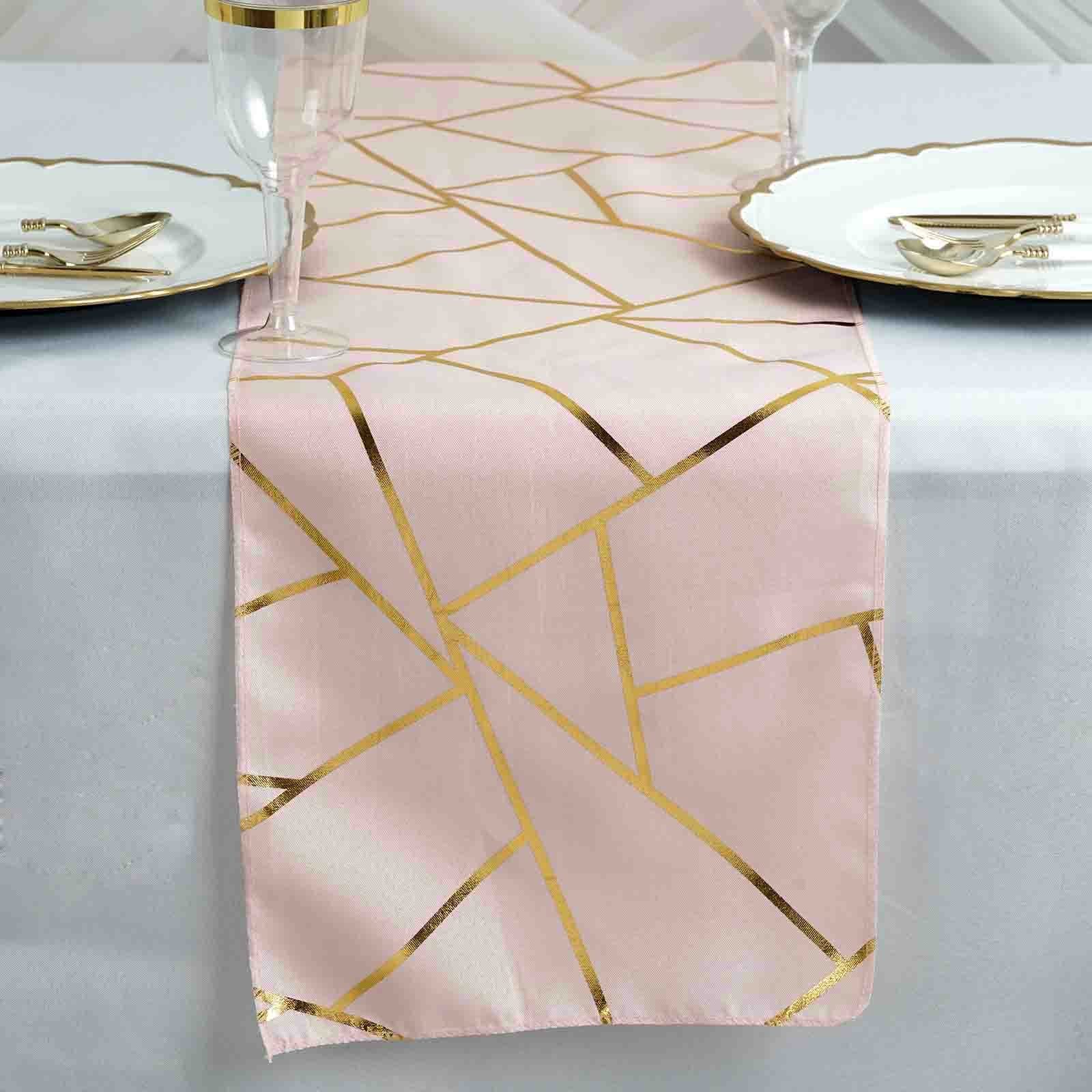 TABLECLOTHSFACTORY 9 Ft Metallic Blush/Gold Foil Geometric Pattern Blush Polyester Table Runner