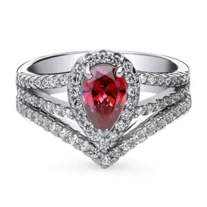 BERRICLE Sterling Silver Halo Wedding Engagement Rings Red Pear Cut Cubic Zirconia CZ Split Shank Ring Set for Women, Rhodium Plated Size 4