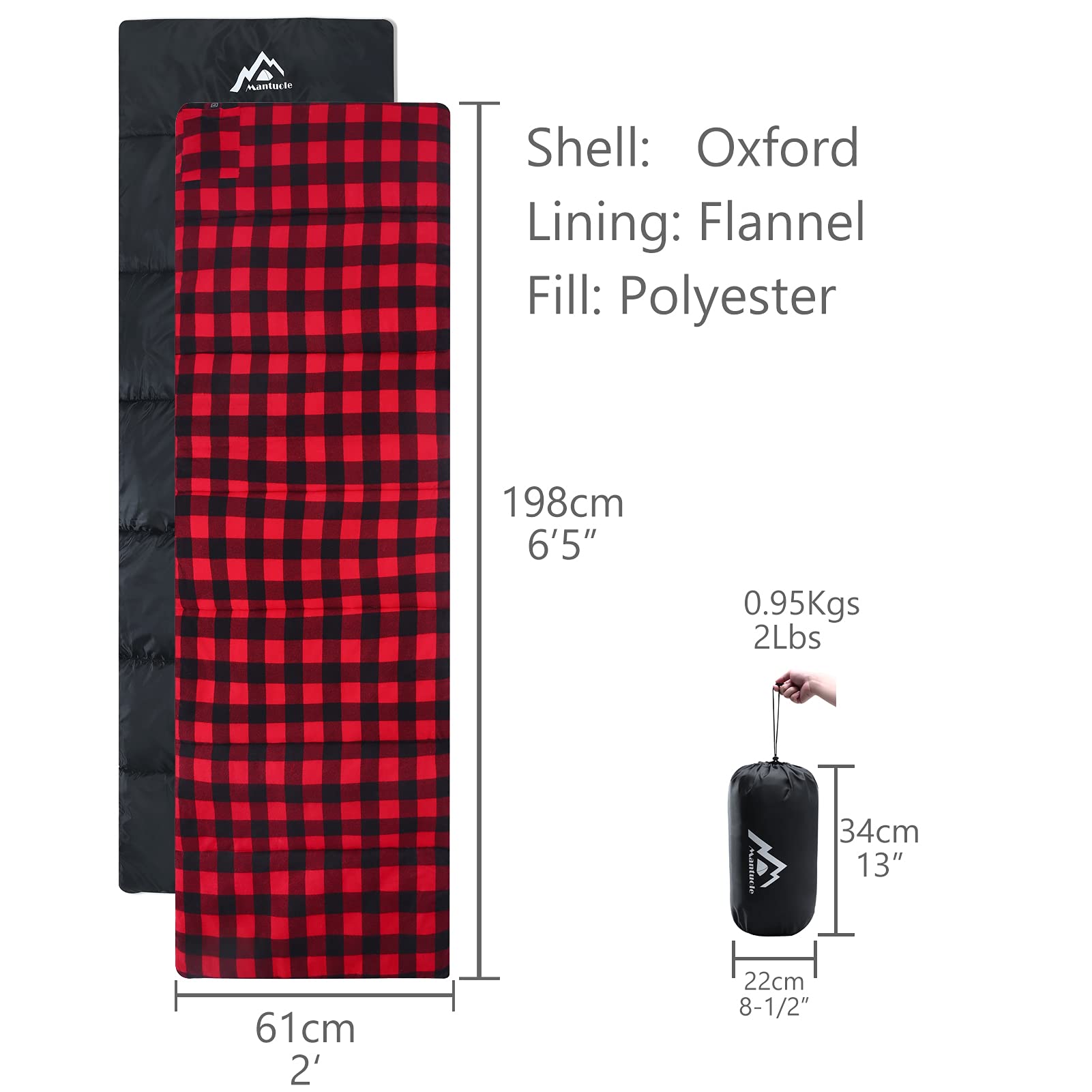 Mantuole Heated Sleeping Bag pad, Heated Sleeping Bag Liner, 5 Heating Zones, Operated by Battery Power Bank or Other USB Power Supply, Compact Bag Included. Black & Red Flannel.