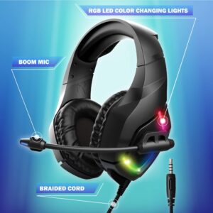 five below bugha exclusive led gaming headset w/boom mic, 3.5mm aux-in + pc connector, black