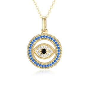 sisgem 14k real gold evil eye necklaces for women, yellow gold halo pendant with fine 5a cubic zirconia lucky protection jewelry gifts for her, wife, mom 16-18 inch