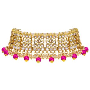 Aheli Elegant Indian Faux Kundan Studded Choker Necklace with Maang Tikka Set Ethnic Wedding Wear Fashion Jewelry for Women (Rani Pink)