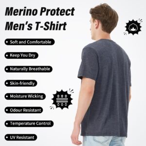 Merino Protect 100% Merino Wool T Shirts for Men Odor Resistance Base Layer Lightweight Hiking Travel T-Shirt Soft Undershirt Dark Grey Heather