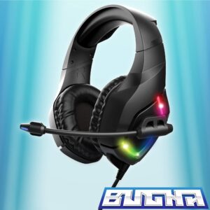 five below Bugha Exclusive LED Gaming Headset w/Boom mic, 3.5mm aux-in + PC Connector, Black