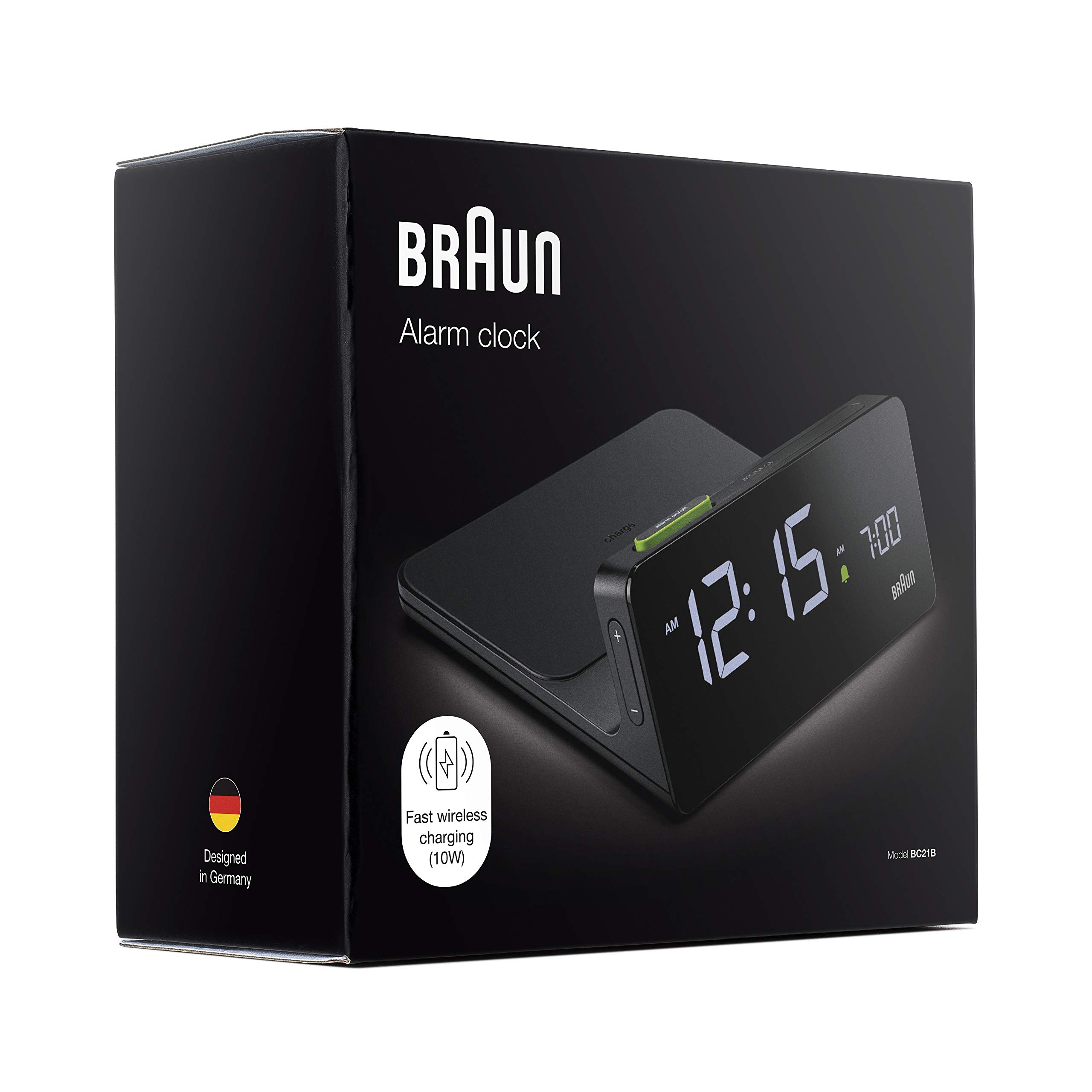 Braun Digital Alarm Clock with VA LCD Display, 10W Qi Wireless Fast-Charging Pad, Automatic Backlight Adjustment, Quick Set, Beep Alarm in Black, Model BC21B.