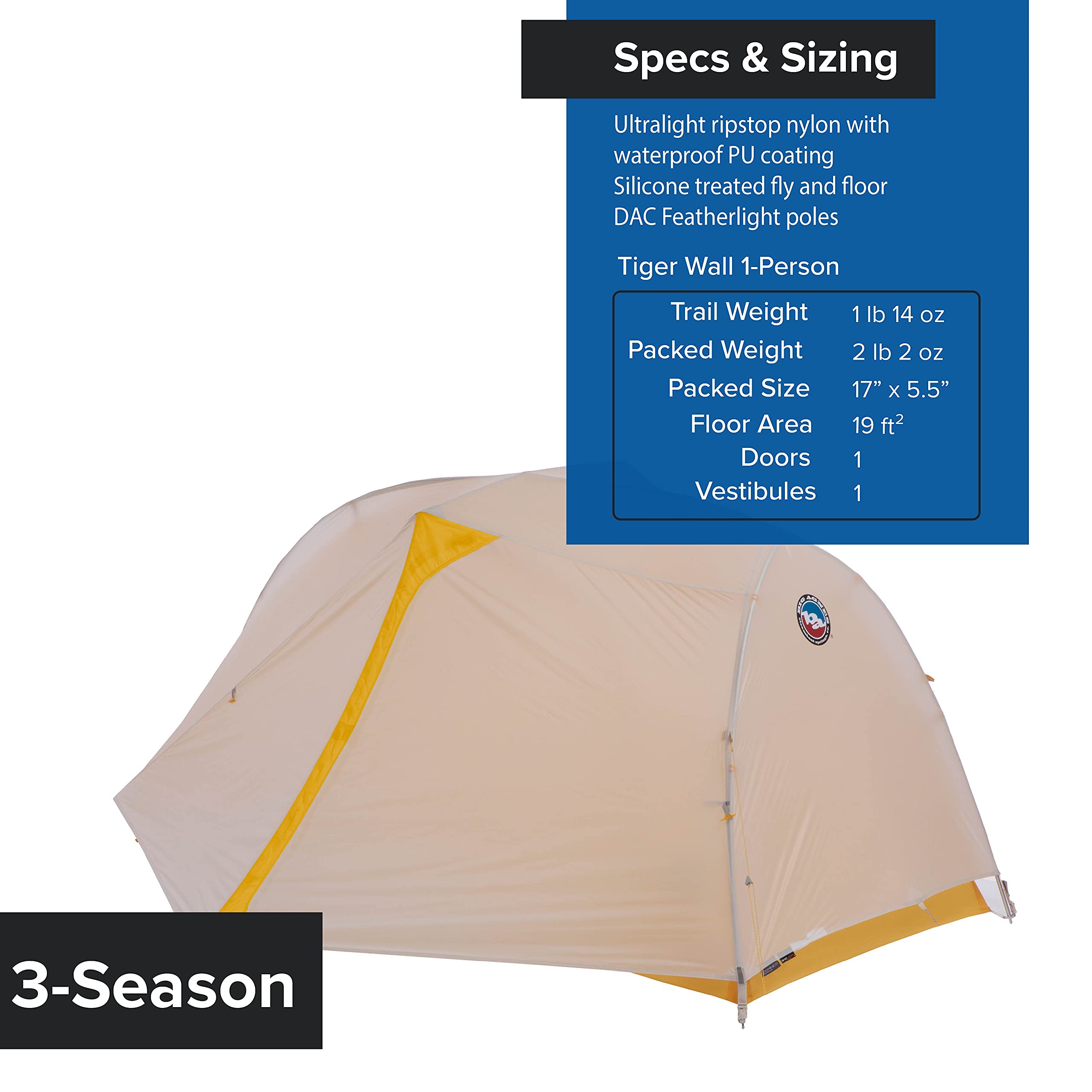 Big Agnes Tiger Wall UL1 Ultralight Tent with UV-Resistant Solution Dyed Fabric