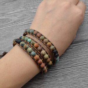 Izpack Fashion Love Heart Beaded Leather 3 Wrap Bracelets for Women Handmade Boho Natural Stone Ball Beads Wrist Bracelet Nice Gifts New Adjustable