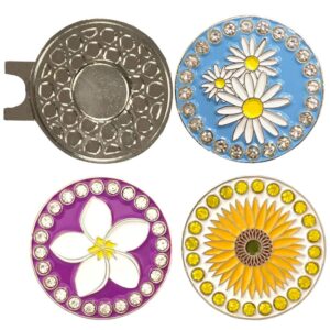 giggle golf bling flower ball marker pack | includes one daisies, one sunflower, and one plumeria bling ball marker with one magnetic hat clip