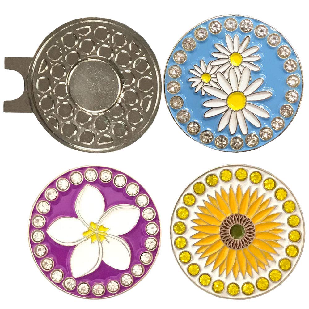 Giggle Golf Bling Flower Ball Marker Pack | includes One Daisies, One Sunflower, and One Plumeria Bling Ball Marker with One Magnetic Hat Clip