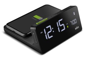 braun digital alarm clock with va lcd display, 10w qi wireless fast-charging pad, automatic backlight adjustment, quick set, beep alarm in black, model bc21b.