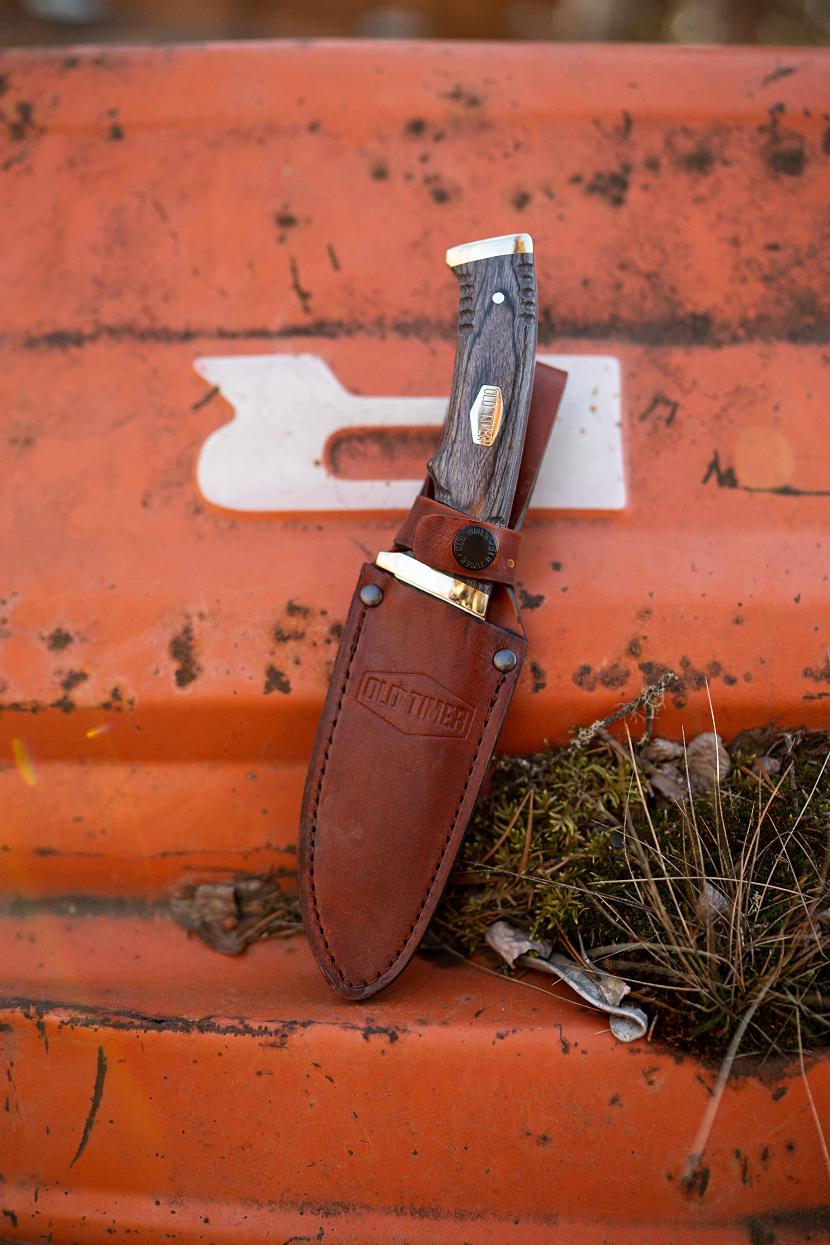 Old Timer Heritage Series 169OT 10.25in Fixed Blade Knife with Stainless Steel Drop Point Blade, Laminate Wood Handle, Full Tang Design, and Leather Sheath for Hunting, Camping, EDC, and Outdoors