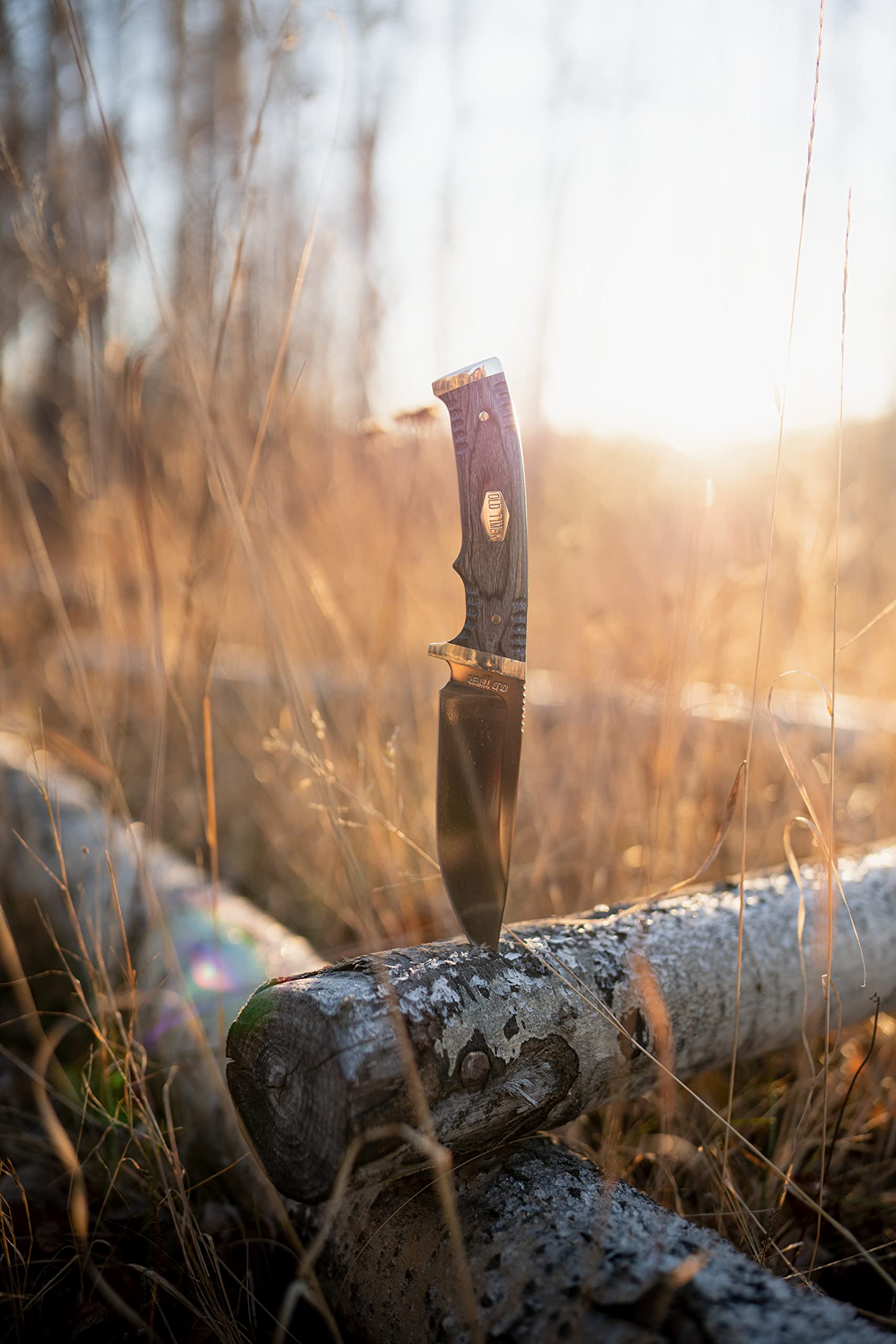 Old Timer Heritage Series 169OT 10.25in Fixed Blade Knife with Stainless Steel Drop Point Blade, Laminate Wood Handle, Full Tang Design, and Leather Sheath for Hunting, Camping, EDC, and Outdoors