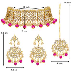 Aheli Elegant Indian Faux Kundan Studded Choker Necklace with Maang Tikka Set Ethnic Wedding Wear Fashion Jewelry for Women (Rani Pink)