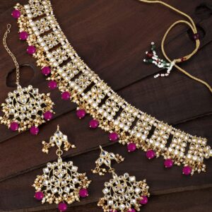 Aheli Elegant Indian Faux Kundan Studded Choker Necklace with Maang Tikka Set Ethnic Wedding Wear Fashion Jewelry for Women (Rani Pink)