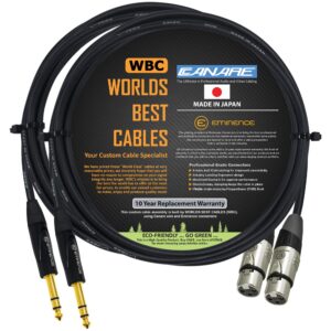 WORLDS BEST CABLES 2 Units - 3 Foot - Canare L-4E6S, Star Quad Balanced XLR to TRS Patch Cable with Eminence Gold E312 Female XLR & E502 TRS Stereo Plugs - Custom Made