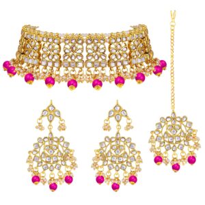 aheli elegant indian faux kundan studded choker necklace with maang tikka set ethnic wedding wear fashion jewelry for women (rani pink)