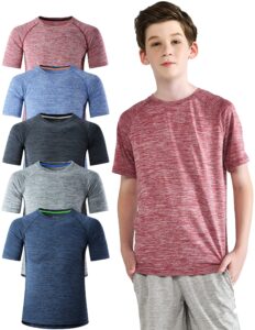 5 pack boys athletic shirts, youth activewear dry fit tshirts for kids, short sleeve tees, bulk athletic performance clothing (set 1, large)