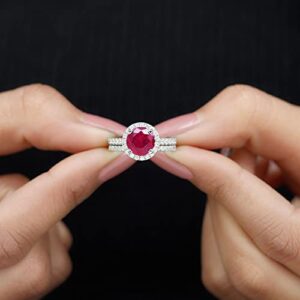 Lab Created Ruby Bridal Wedding Ring Set with D-VS1 Moissanite | 8 MM | AAAA Quality, 14K White Gold, Size:US 5.50