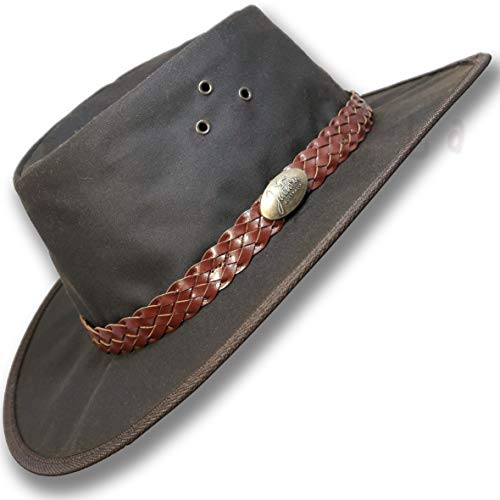 Oztrala Hat Oilskin Canvas Australian Outback Leather Mens Black Cowboy Bucket HCKS HCKB US (Solid Brown, S)