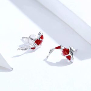 Qings Koi Fish Red Carp Stud Earrings for Women Exquisite 925 Sterling Silver Platinum Plated Inlaid with Shining Zircon