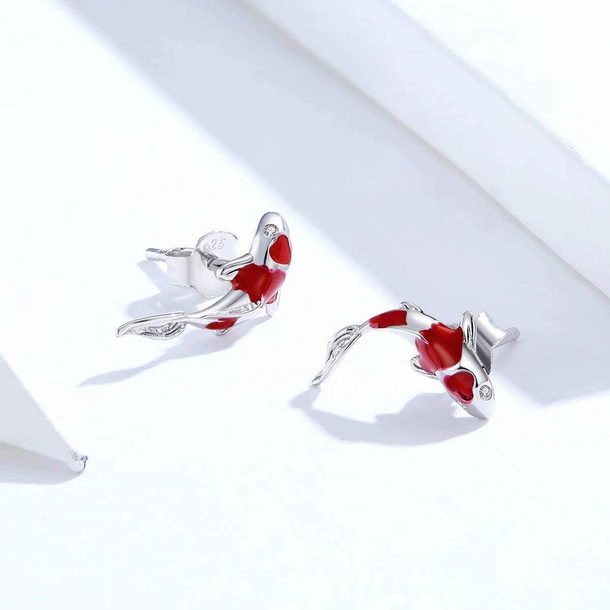 Qings Koi Fish Red Carp Stud Earrings for Women Exquisite 925 Sterling Silver Platinum Plated Inlaid with Shining Zircon