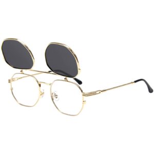 dollger flip up sunglasses men women polarized steampunk flip sunglasses with double lenses(gold frame gray lens)