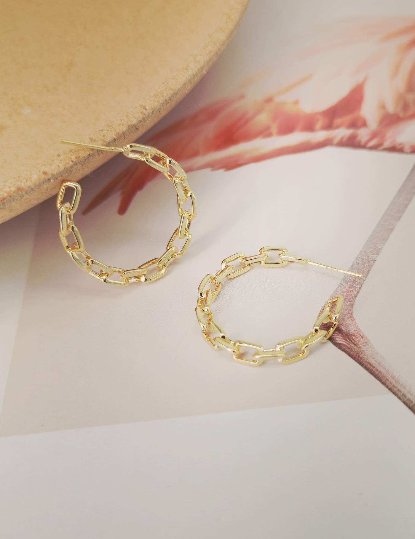 Hoop Earrings for Women - Chain Hoop Earrings in 14k Gold - Link Hoop Stud Earring（Dia.20mm）