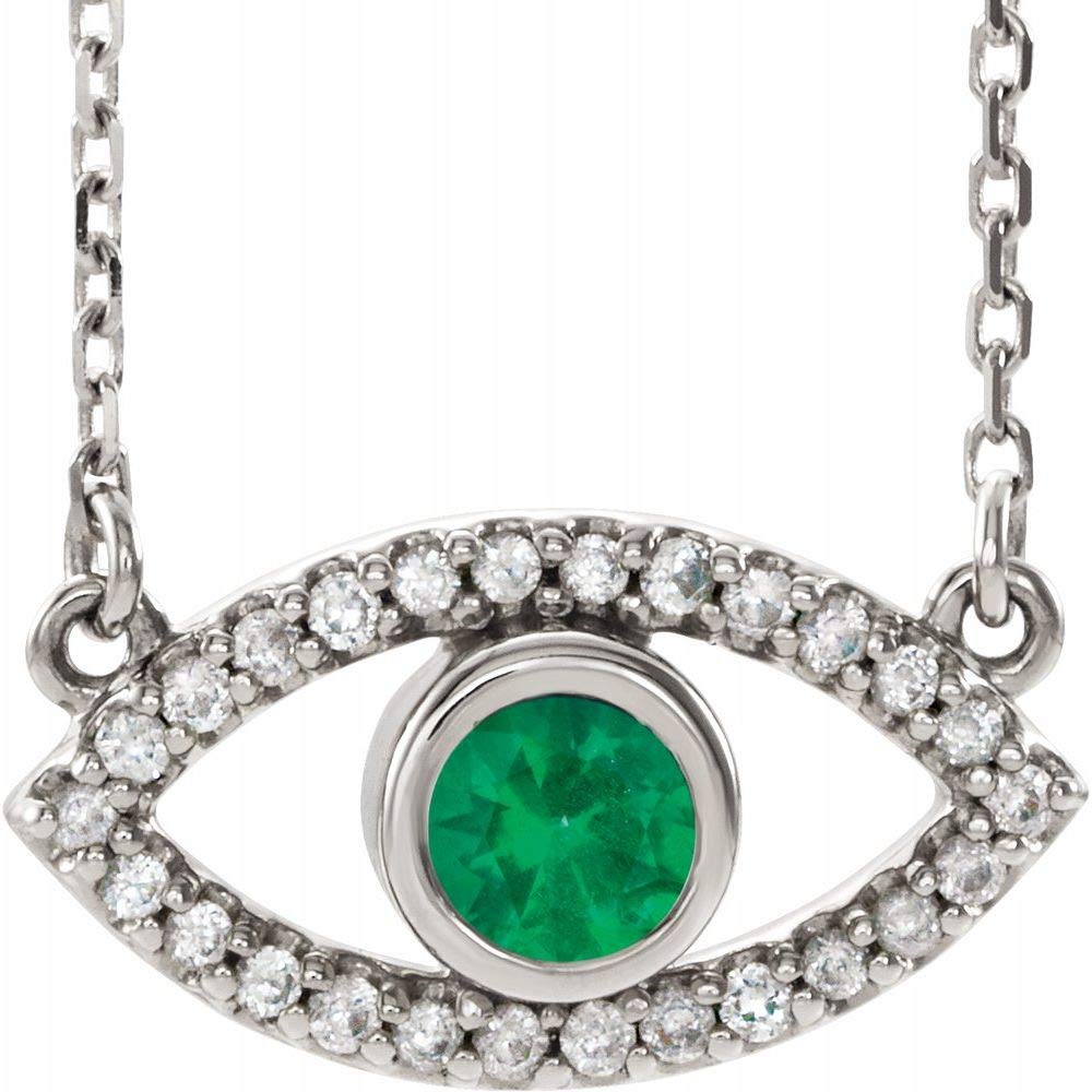 Solid 14k White Gold Solitaire Created Emerald and White Gold Solitaire Sapphire Evil Eye Charm Pendant Chain Necklace 16" (15mm x 8.1mm)