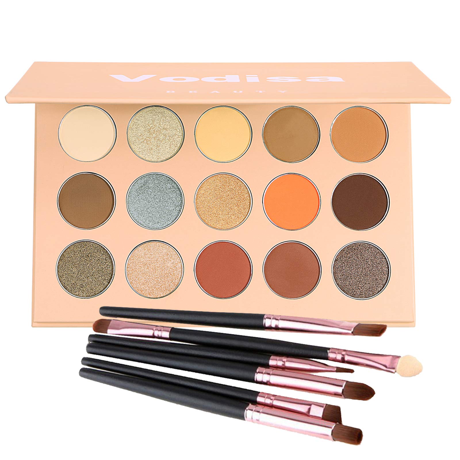 Vodisa Colorful Eyeshadow Palette Matte Shimmer High Pigmented Eyeshadow Pallet 15 Colors Professional Nudes Warm Natural Long Lasting Waterproof Eye Shadow with Make Up Brushes Set (Brown)