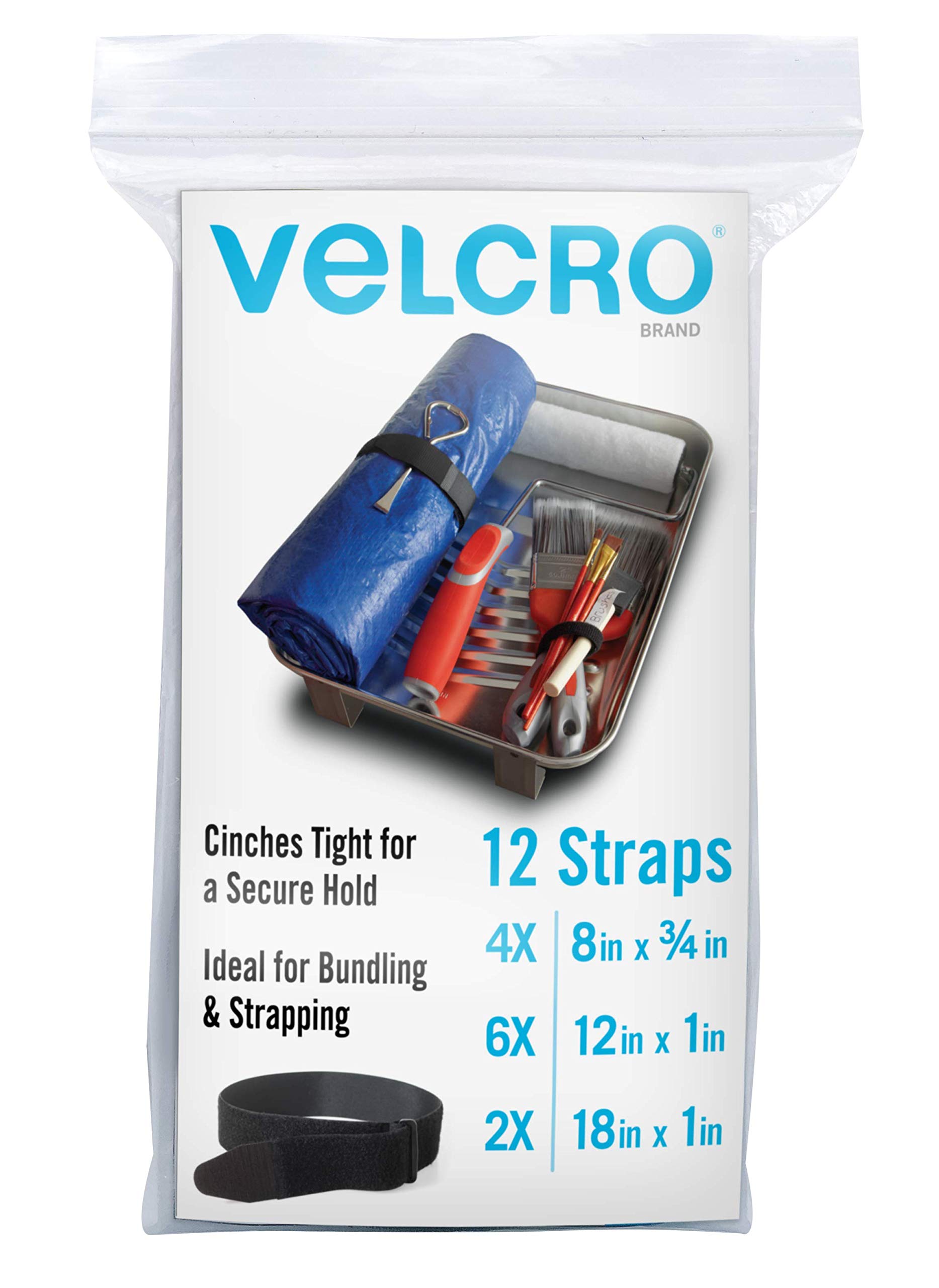 VELCRO Brand Bulk Pack 12 Reusable Fastening Cable Straps with Buckle Variety Sizes 8"-12"-18" Multi-Purpose Cinch Strap VEL-30100-AMS