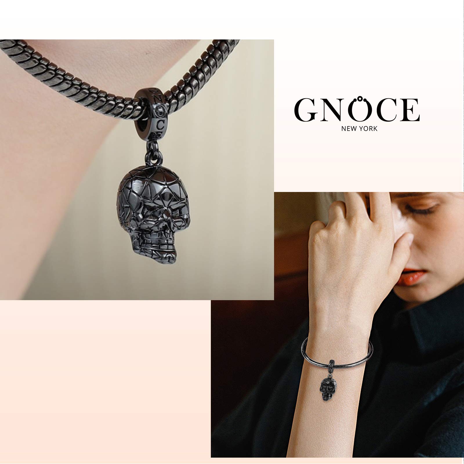 GNOCE Black Skull Pendant Charm Sterling Silver Black Plated Horror Dangle Charm Fit Bracelet/Necklace For Women Wife